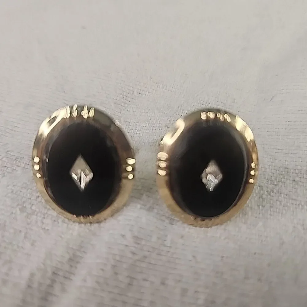 Cufflinks Oval Black Stone with Diamond Shape Insert Gold Tone Unbranded Vintage